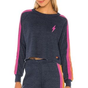 Aviator Nation Bolt Cropped Classic Crewneck in Heather Navy Neon